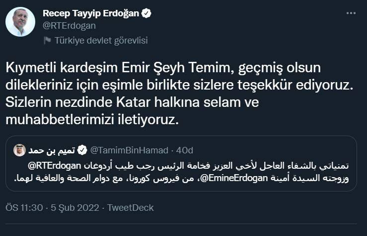 <p>Katar Emiri Şeyh Temim bin Hamed Al Sani'ye teşekkür.</p>
