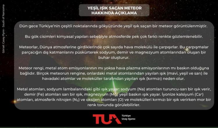 <p><strong>TÜRK UZAY AJANSI'NDAN AÇIKLAMA</strong></p>

<p>Türk Uzay Ajansı (TUA) söz konusu olayla ilgili sosyal medyadan bir açıklamada bulundu.</p>
