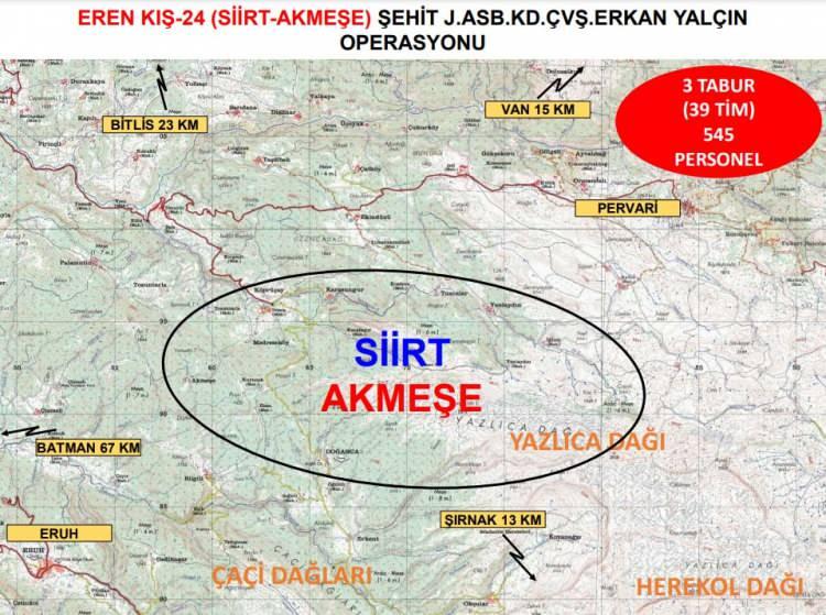 <p>Bakanlık'tan yapılan açıklamaya göre; bölgede barınan teröristleri 'ara-bul-yok et' taktiğiyle etkisiz hale getirmek, eylem hazırlıklarını boşa çıkarmak ve bölgedeki huzur güven ortamını pekiştirmek amacıyla Siirt'te  'Eren Kış-24 (Siirt-Akmeşe) Şehit Jandarma Astsubay Kıdemli çavuş Erkan Yalçın Operasyonu' başlatıldı. </p>
