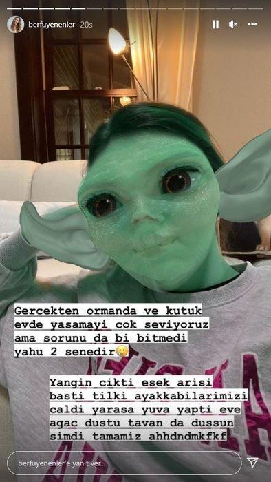 <p><span style="color:#B22222"><strong>Berfu Yenenler, yaşadıklarını şu sözlerle anlattı:</strong></span></p>
<p><span style="color:#000000"><strong>"Gerçekten ormanda ve kütük evde yaşamayı çok seviyoruz ama sorunu da bir bitmedi yahu 2 senedir.</strong></span></p>
<p><span style="color:#000000"><strong>Yangın çıktı, eşek arısı bastı, tilki ayakkabılarımızı çaldı, yarasa yavru yaptı, eve ağaç düştü, tavan da düşsün şimdi tamamız."</strong></span></p>