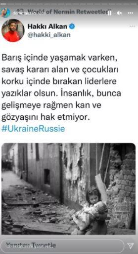 <p><span style="color:#FF0000"><strong>DEMET AKALIN </strong></span></p>

<p><span style="color:#800080"><strong>Ünlü şarkıcı Demet Akalın Twitter hesabından bir paylaşımı alıntılayarak "Barış içinde yaşamak varken savaş kararı alan ve çocukları korku içinde bırakan liderlere yazıklar olsun. İnsanlık bunca gelişmeye rağmen kan ve gözyaşını haketmiyor." ifadelerini kullandı.</strong></span></p>
