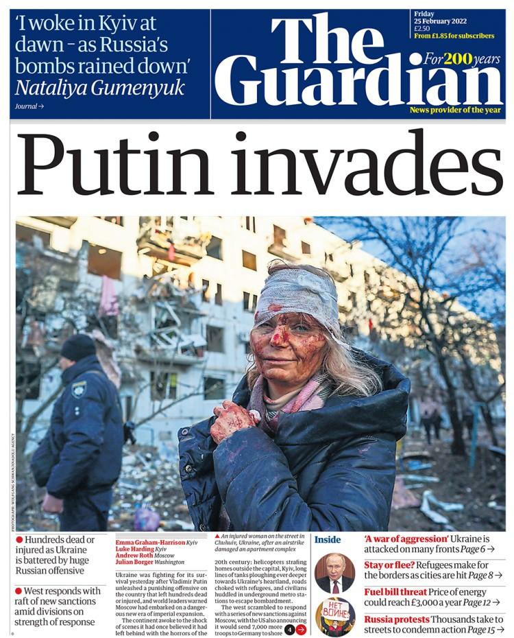 <p>The Guardian gazetesi, "Putin işgal etti" manşetiyle çıkarken, okurlarıyla diğer pek çok gazete gibi hava saldırılarında yaralanmış bir kadının fotoğrafını paylaştı.</p>

<p> </p>
