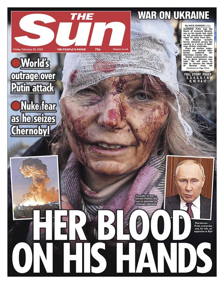 <p>The Sun gazetesi de Daily Mirror ile aynı manşetle bu sabah raflardaki yerini aldı. "Masum insanların kanlarının şimdi Vladimir Putin'in ellerinde" olduğunu yazan gazete, "işgalci katiller" olarak nitelendirdiği Putin'in ordusunun Kiev'e çok yakın olduğunu bildirdi.</p>

<p> </p>
