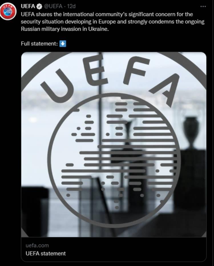 <p>Avrupa futbolunun patronu UEFA, Rusya'nın Ukrayna'daki işgalini eleştiren bir paylaşım yaparken, yakın zamanda bu konuya bağlı olarak bir kararın verileceğini söyledi. Bu sezonki Şampiyonlar Ligi finali Rus şehri St. Petersburg'da düzenlenecekti.</p>