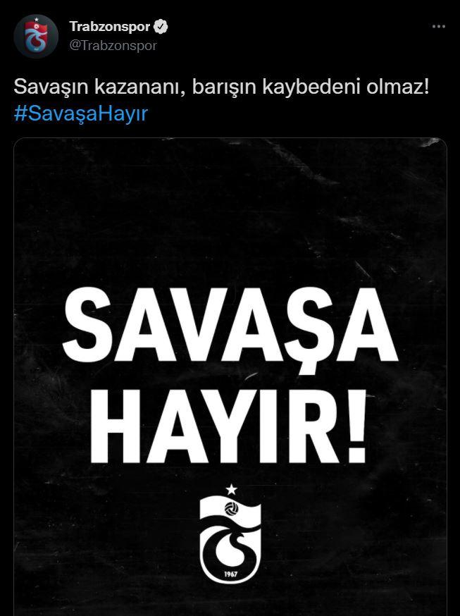 <p>Trabzonspor: Savaşın kazananı, barışın kaybedeni olmaz!</p>
