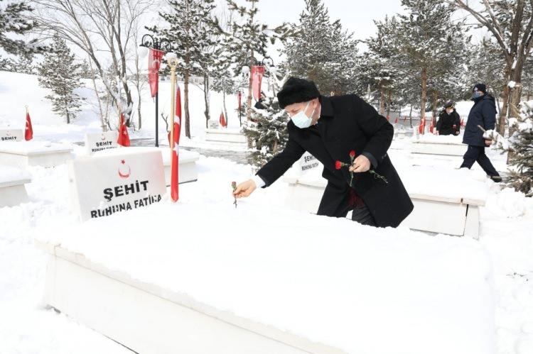 <p>Protokolün bir sonra ki durağı Kars Kapı Şehitliği oldu. Buradaki törende Kur’an-ı Kerim okundu şehitler için dua edildi. Yapılan duanın ardından kırmızı protokol üyelerince şehit mezarlarına kırmızı karanfil bırakıldı.</p>

