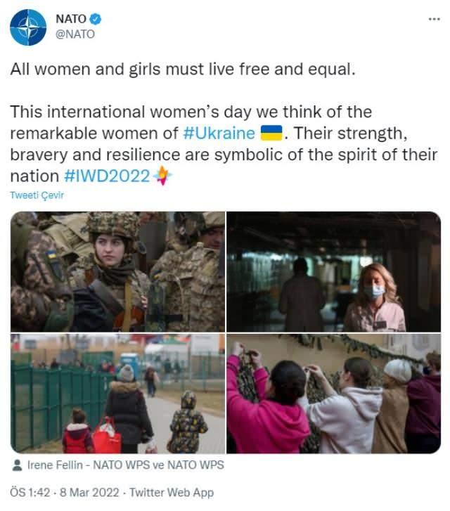 <p>Tüm bu gelişmeler yaşanırken, NATO'nun resmi Twitter hesabından, 8 Mart Dünya Emekçi Kadınlar Günü'nü dair bir paylaşım yapıldı. </p> 