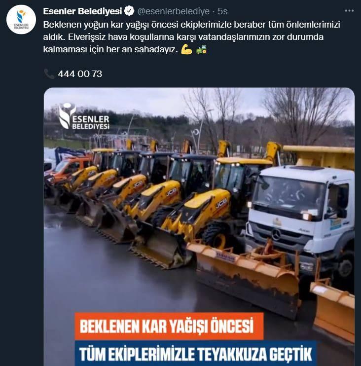 <p>“510 PERSONEL VE 65 TANE ARAÇ İŞ BAŞINDA OLACAK”</p>

<p>Muhtemel kar yağışına karşı aldıkları tedbirleri anlatan Göksu, “Meteoroloji, perşembe günü sabahtan salı gününe kadar İstanbul’da çok ciddi bir kar yağışı olacağı konusunda bizi uyardı. Esenler’de çarşamba gece yarısından itibaren 510 personelimiz, 65 tane araç ve iş makinemiz görev alacak. Esenler’de yaklaşık 247 kilometrelik bir yol ağımızı inşallah bu karla ilgili sıkıntı yaşatmadan sürekli açabilecek bir gayreti ortaya koyacağız” dedi.</p>
