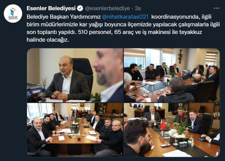 <p>“ARAÇ, EKİPMAN VE TUZ STOKU İTİBARIYLA HERHANGI BİR SORUNUMUZ YOK”</p>

<p>Esenler’i 9 acil bölgeye ayırdıklarını belirten Başkan Göksu, “Esenler’i 9 ana acil bölgeye ayırdık. Bu acil bölgeler çerçevesinde gördüğünüz gibi kar küreme araçlarımız, ambulanslarımız, diğer gezici araçlarımız, çorba araçlarımız bunlar bu beş günlük süre içerisinde hep çalışacaklar ve inşallah İstanbul’da, Esenler’de biz bize düşen görev ve sorumluğu yerine getirerek Esenler’deki hiçbir kardeşimizin karda bir zorlukla karşı karşıya kalmaması için elimizden gelen gayreti göstereceğiz. Şu anda araç, ekipman ve tuz stoku itibarıyla herhangi bir sorunumuz yok. Bütün personelimiz buna göre koordine edildi” açıklamasında bulundu.</p>
