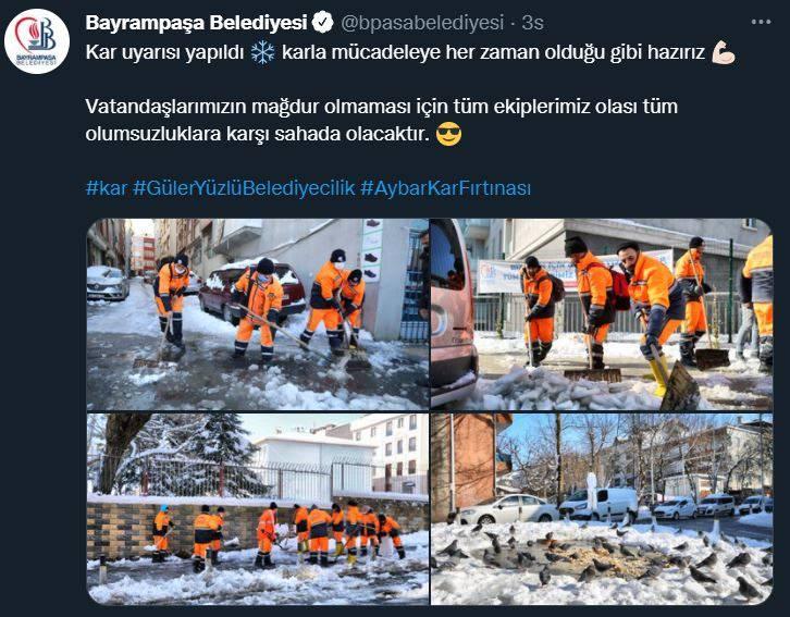 <p>BAYRAMPAŞA</p>

<p>Kar uyarısı yapıldı Kar tanesi karla mücadeleye her zaman olduğu gibi hazırız Sıkılmış pazular</p>

<p>Vatandaşlarımızın mağdur olmaması için tüm ekiplerimiz olası tüm olumsuzluklara karşı sahada olacaktır.</p>
