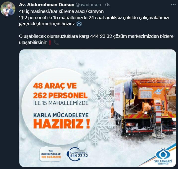 <p>SULTANGAZİ</p>

<p>Av. Abdurrahman Dursun: 48 iş makinesi/kar k&uuml;reme aracı/kamyon<br />
262 personel ile 15 mahallemizde 24 saat aralıksız şekilde &ccedil;alışmalarımızı ger&ccedil;ekleştirmek i&ccedil;in hazırız.</p>
