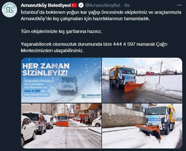 <p>Belediyemizin Afet Koordinasyon Merkezi&rsquo;nde, 45 ayrı noktada bulunan şehir kameraları yardımıyla il&ccedil;e genelinde durum takip edilmekte olup, ihtiya&ccedil; duyulan noktalara, gelen talepler de dikkate alınarak anlık m&uuml;dahale edilecektir.</p>

<p>Beklenen kar yağışı &ouml;ncesinde ve yağış s&uuml;resince kar k&uuml;reme, tuzlama, kurtarma ve temizlik hizmetlerini vermek &uuml;zere ekiplerimiz 24 saat esasına g&ouml;re g&ouml;rev yapacaktır. 38 mahalle, 4500 cadde ve sokağımızda 600 kişiden oluşan 28 ekibimiz, 140 iş makinası ve ara&ccedil;la birlikte g&ouml;rev b&ouml;lgelerine y&ouml;nlendirilmiştir.</p>

<p><br />
Yapacağımız &ccedil;alışmaları aksatmamak i&ccedil;in zorunlu haller dışında şahsi ara&ccedil;lar ile trafiğe &ccedil;ıkılmaması, yol kenarlarına, ref&uuml;jlere ve kavşak noktalarına uygunsuz bir şekilde park edilmemesi b&uuml;y&uuml;k &ouml;nem taşımaktadır.&nbsp;</p>

<p>Yaşanabilecek her t&uuml;rl&uuml; olumsuzluk durumunda, Arnavutk&ouml;y Belediyesi olarak her zaman yanınızda olduğumuzu bilmenizi isteriz. Bize 444 4 597 numaralı &Ccedil;ağrı Merkezi&rsquo;nden ulaşabilirsiniz.</p>
