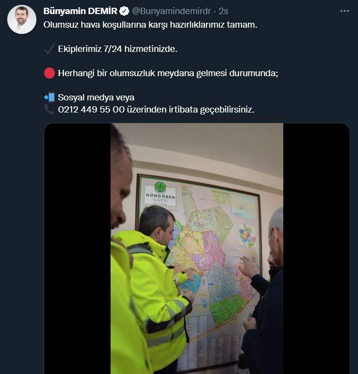 <p>G&Uuml;NG&Ouml;REN</p>

<p>G&uuml;ng&ouml;ren Belediye Başkanı B&uuml;nyamin Demir:&nbsp;</p>

<p>Olumsuz hava koşullarına karşı hazırlıklarımız tamam.</p>

<p>Koyu onay işareti Ekiplerimiz 7/24 hizmetinizde.</p>

<p>Kırmızı daire Herhangi bir olumsuzluk meydana gelmesi durumunda;</p>

<p>Sol tarafında sağ ok olan cep telefonu Sosyal medya veya<br />
Telefon ahizesi 0212 449 55 00 &uuml;zerinden irtibata ge&ccedil;ebilirsiniz.</p>
