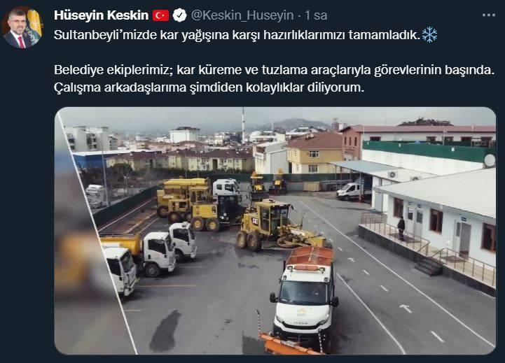 <p>SULTANBEYLİ</p>

<p>Sultanbeyli Belediye Başkanı H&uuml;seyin Keskin:&nbsp;</p>

<p>Sultanbeyli&rsquo;mizde kar yağışına karşı hazırlıklarımızı tamamladık.Kar tanesi</p>

<p>Belediye ekiplerimiz; kar k&uuml;reme ve tuzlama ara&ccedil;larıyla g&ouml;revlerinin başında.<br />
&Ccedil;alışma arkadaşlarıma şimdiden kolaylıklar diliyorum.</p>
