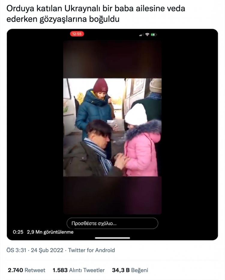 <p>Orijinal videoyu 21 Şubat 2022'de, yani çatışmalar başlamadan üç gün önce Rusya yanlısı ayrılıkçıların yoğunlaştığı Donetsk bölgesindeki Gorlovka şehrinde yaşayan yerel bir sakin paylaşmış. Videonun açıklamasında, “Gorlovka’dan tahliye. Yürek yakan görüntüler…” ifadesi yer alıyor. Nornalmde Donetsk özerk bölgesindeki Gorlovka kasabasında yaşayan adam, çatışmalar nedeniyle ailesi Rusya'nın Rostov kentine tahliye edildiği için kızıyla vedalaşıyor.</p>
<p> </p>