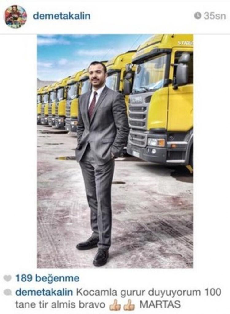 <p><span style="color:#800080"><strong>Okan Kurt'un fotoğrafını sosyal medya hesabından takipçileriyle paylaşan Akalın, "Kocamla gurur duyuyorum 100 tane tır almış valla bravo" ifadelerini kullanmıştı.</strong></span></p>