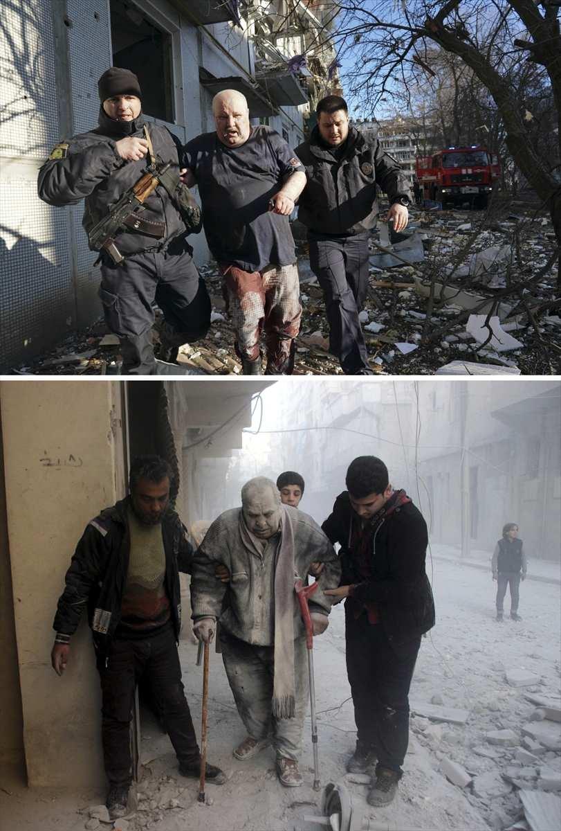 <p>Rusya'nın 24 Şubat'ta Ukrayna'ya karşı başlattığı savaşla Suriye'de 11. yılını geride bırakan iç savaş, benzer acılara ve gözyaşlarına sahne olurken her iki savaşta çekilen fotoğraf kareleri, büyük benzerlikler taşıyor.</p>

<p> </p>
