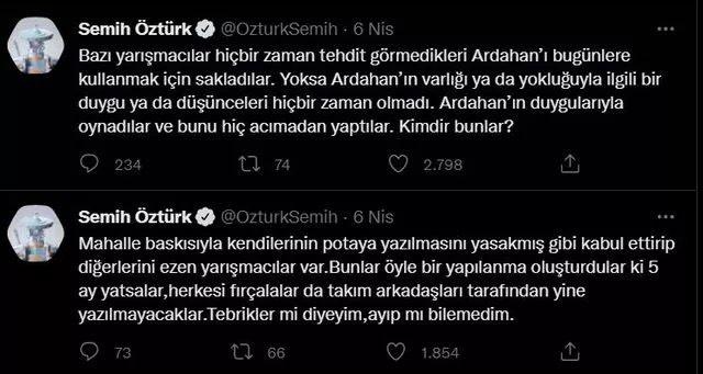 <p><span style="color:#000080"><strong>Semih Öztürk paylaşımında <em>"Mahalle baskısıyla kendilerinin potaya yazılmasını yasakmış gibi kabul ettirip diğerlerini ezen yarışmacılar var. Bunlar öyle bir yapılanma oluşturdular ki 5 ay yatsalar, herkesi fırçalalar da takım arkadaşları tarafından yine yazılmayacaklar. Tebrikler mi diyeyim, ayıp mı bilemedim."</em> ifadelerini kullandı.</strong></span></p>
<p> </p>