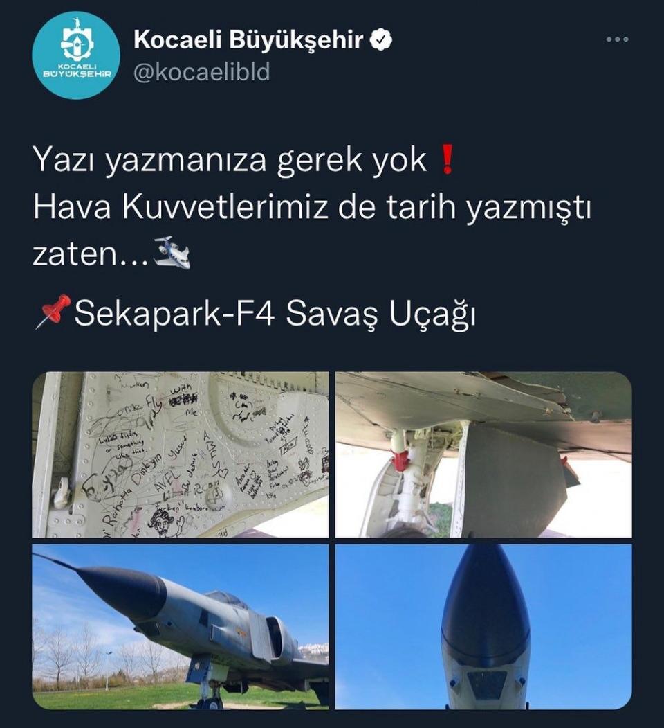 <p>Kocaeli Büyükşehir Belediyesi sosyal medya hesabından uçağın fotoğraflarını paylaşarak, bunu yapanlara yönelik olarak  “Yazı yazmanıza gerek yok! Hava kuvvetlerimiz de tarih yazmıştı zaten” ifadelerine yer verdi.   </p>
