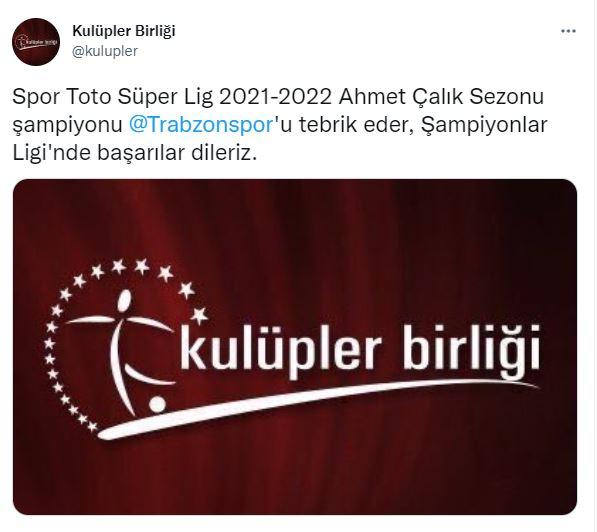 <p>Kulüpler Birliği'nden yapılan tebrik paylaşımında, "Spor Toto Süper Lig 2021-2022 Ahmet Çalık Sezonu şampiyonu Trabzonspor'u tebrik eder, Şampiyonlar Ligi'nde başarılar dileriz" denildi.</p>
