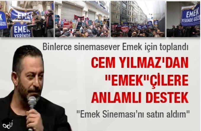 <p><strong>Ödül vermek için sahneye çıktığı sırada "Benim sinema yaparken çok emek harcamadığımı düşünenler var, doğrudur; çünkü "Emek" harcanmaz... Bir sürprizim daha var. Emek Sineması'nı satın aldım. Keşke böyle olsaydı tabii. Teklif ettim, ama uyardılar, baktım ki Emek Sineması zaten bizimmiş" sözleriyle açıklama yapan Yılmaz, uzun süre festivalde yer alan kişiler tarafından ayakta alkışlanmıştı. Oda TV ise olayı bu manşetle gündeme taşımıştı. </strong></p>
