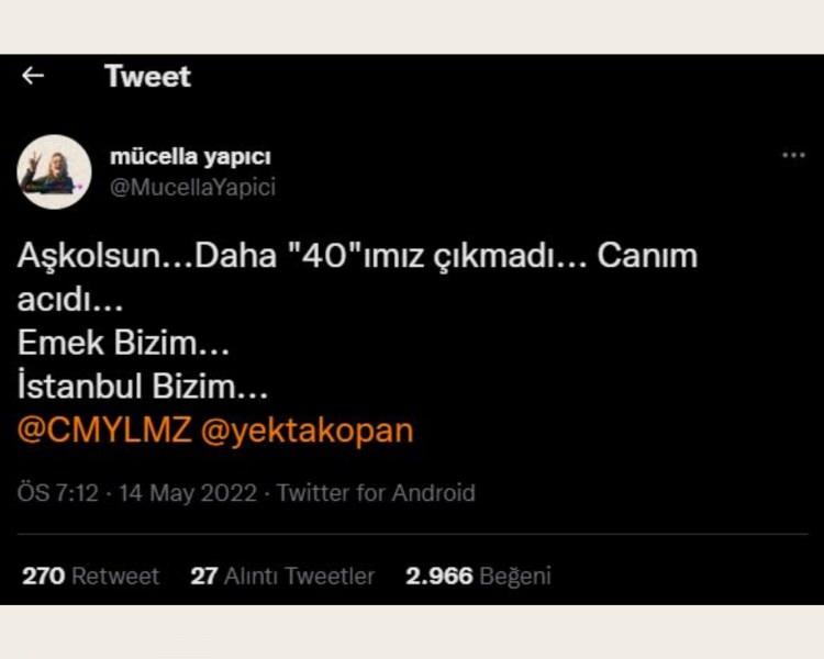<p><strong>Israrla gezi olaylarıyla bir ilgisi olmadığını söyleyen Cem Yılmaz'a bir diğer tepki ise Gezinin mimarisi olan Mücella Yapıcı'dan geldi. Ülkenin toprak ve düzenini bozan terör olaylarına yön verme suçundan 18 yıl hapis cezası alan Yapıcı, Grand Pera'da yapılan galaya sosyal medyada "Aşkolsun… Daha ’40’ımız çıkmadı… Canım acıdı… Emek Bizim… İstanbul Bizim…" paylaşımı yaparak tepki gösterdi. Sol camiadan aldığı sert eleştiriler hakkında henüz bir açıklama yapmayan Yılmaz, bu aralar Netflix'ten aldığı paraları saymakla meşgül. </strong></p>
