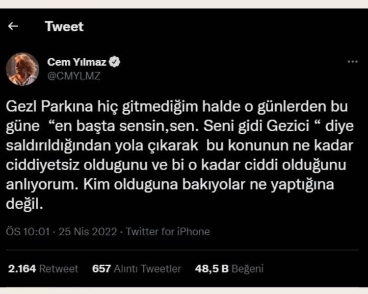 <p><strong>Öte yandan Mücella Yapıcı ve Osman Kavala'nın hükümleri verildiği gün gezi olaylarına karşılmadığını iddia eden(!) Yılmaz'dan çok manidar bir paylaşım gelmişti. </strong></p>
