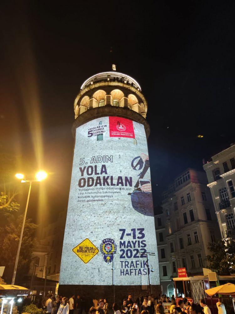 <p>İstanbul Emniyet Müdürlüğü Trafik Denetleme Şube Müdürlüğünce "Yayalar için 5 Adımda Güvenli Trafik" temalı görseller Galata Kulesi'ne yansıtıldı.</p>
