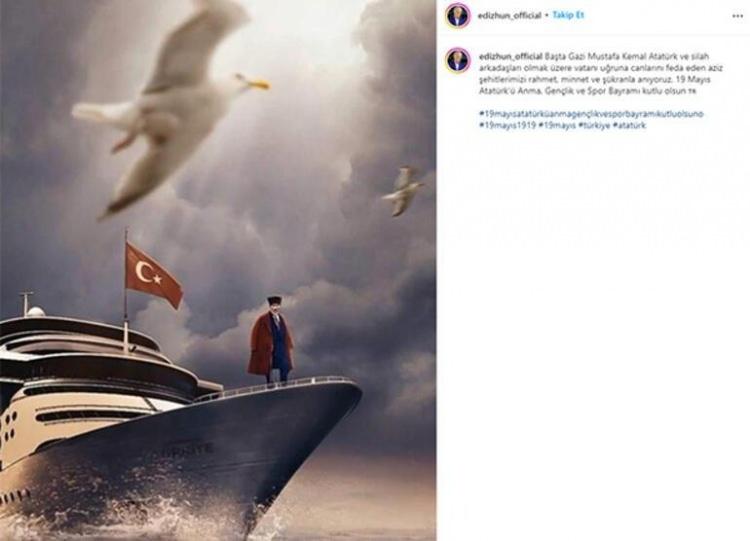 <p><span style="color:#000000"><strong>EDİZ HUN</strong></span></p>
<p><span style="color:#800080"><strong>Usta oyuncu Ediz Hun da 19 Mayıs için sosyal medya hesabından bir paylaşım yaptı. Hun, yayınladığı kareye; "Başta Gazi Mustafa Kemal Atatürk ve silah arkadaşları olmak üzere vatanı uğruna canlarını feda eden aziz şehitlerimizi rahmet, minnet ve şükranla anıyoruz. 19 Mayıs Atatürk’ü Anma, Gençlik ve Spor Bayramı kutlu olsun" notunu düştü.</strong></span></p>
