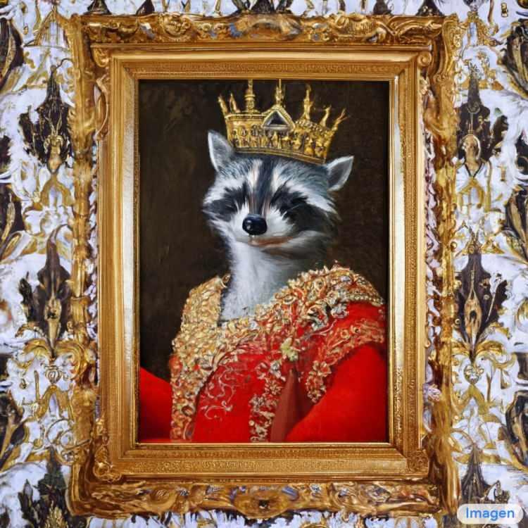 <p><strong>Girilen metin: </strong>Kırmızı Fransız kraliyet elbisesi giyen bir rakun Kraliçesinin görkemli bir yağlı boya tablosu. Resim, duvar kağıdıyla süslenmiş süslü bir duvarda asılıdır.</p>
