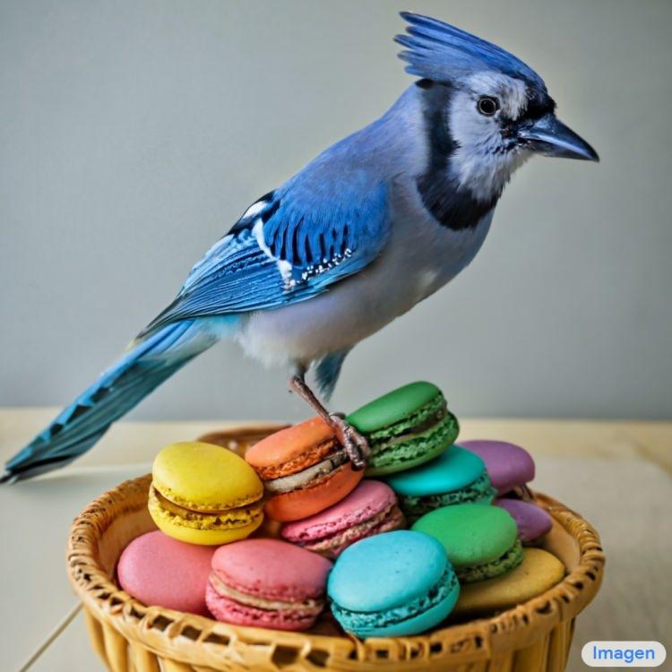 <p><strong>Girilen metin: </strong>Büyük bir rengarenk makaron sepetinin üzerinde duran mavi bir alakarga.</p>
