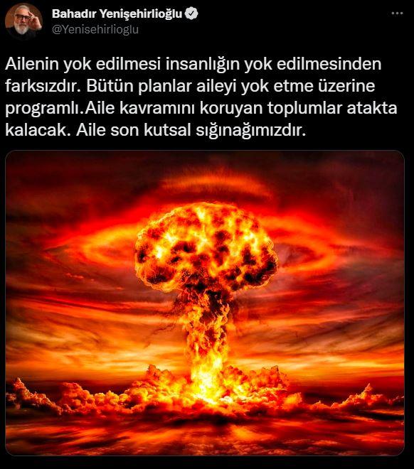 <p><strong>Yenişehirlioğlu ise paylaşımında bu sözlere yer verdi:</strong></p>

<p> </p>

<p><strong>"Ailenin yok edilmesi insanlığın yok edilmesinden farksızdır. Bütün planlar aileyi yok etme üzerine programlı.Aile kavramını koruyan toplumlar atakta kalacak. Aile son kutsal sığınağımızdır."</strong></p>
