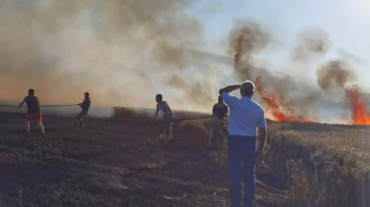 <p>Ekipler alevlere müdahale ederek yarım saatte söndürdü. Çevredeki tarlalara sıçramadan söndürülen yangın sonucu, yaklaşık 40 dönüm alandaki ekili buğday yanarak zarar gördü.</p>