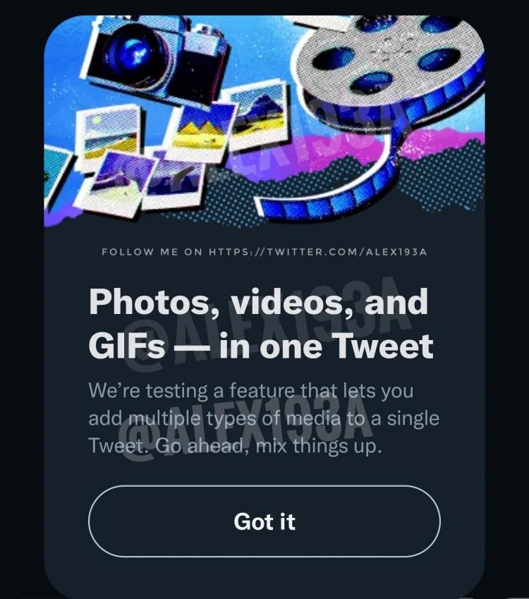 <p>Popüler sosyal medya platformu Twitter, kullanıcıların tek bir multimedya tweet'inde resim, video ve GIF göndermesine olanak tanıyan yeni bir özelliği test ediyor.</p>

<p> </p>
