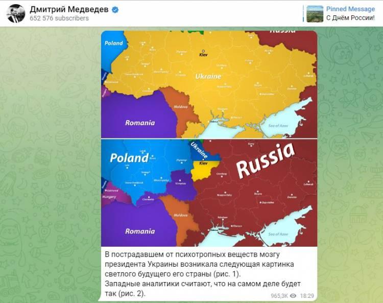 <p>Medvedev, Ukrayna topraklarının çoğunun Rusya, Polonya, Romanya ve Macaristan arasında bölüşüldüğü Avrupa haritasını yayınlayarak, Batılı analistlerin böyle bir gelecek beklediklerini vurguladı.</p>