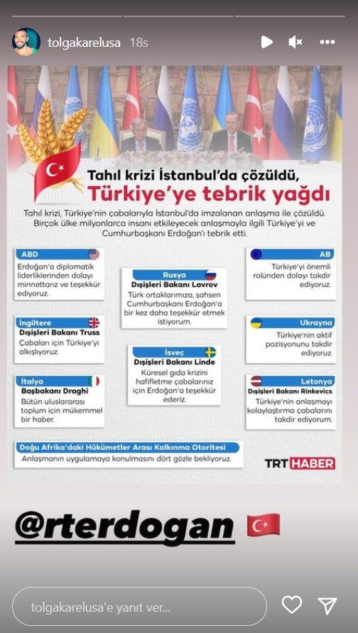 <p><span style="color:#000000"><strong>Erdoğan'ın yaptığı bu anlaşmaya sessiz kalamayan Tolga Karel yaptığı paylaşımlarla gündeme geldi. Tahıl anlaşmasıyla öncülük eden Erdoğan'ın tüm dünyadan Türkiye'ye tebrik yağması üzerine teşekkür paylaşımında bulundu.</strong></span></p>

<p> </p>
