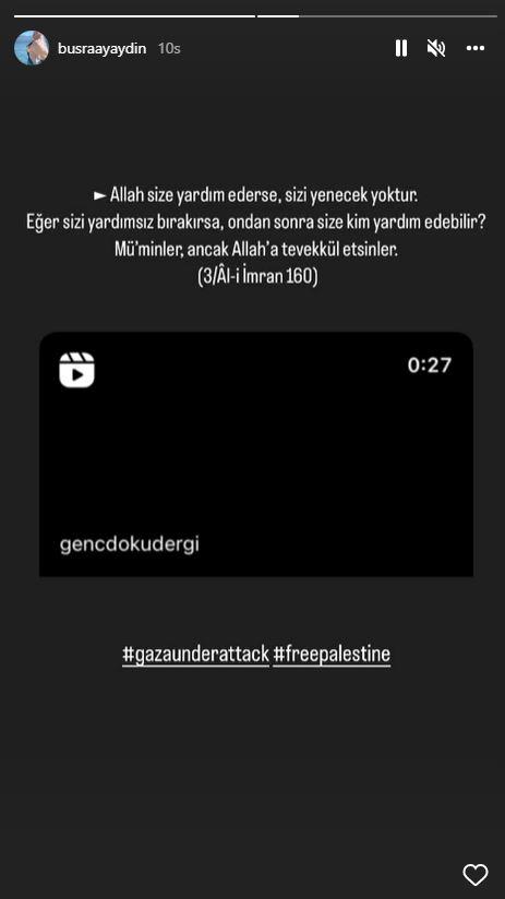 <p><span style="color:#FF0000"><strong>BÜŞRA AYAYDIN'DAN AYETLİ PAYLAŞIM!</strong></span></p>

<p><span style="color:#000000"><strong>"Allah size yardım ederse, sizi yenecek yoktur" şeklinde ayetli paylaşımda bulunan Büşra Ayaydın da İsrail'in saldırılarına ateş püskürdü.</strong></span></p>
