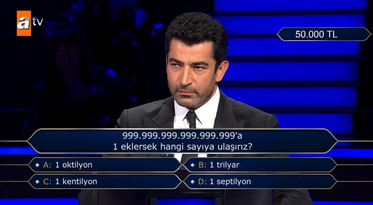 <p><span style="color:#000000"><strong>Yüzde 50:50 joker hakkını kullanan yarışmacı A Şıkkı 1 oktilyon ve D Şıkkı 1 Septilyon seçeneklerini eledi.</strong></span></p>
