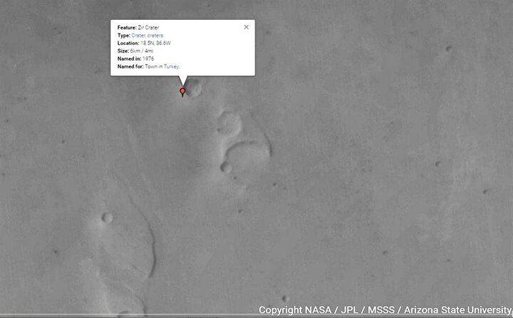 <p>18) ZİR: Mars yüzeyinde 34 derece güney, 42 derece batı koordinatlarında yer alıyor. 6 kilometre çapında. Bu isim kratere 1976’da verildi.</p>
