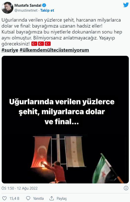 <p><span style="color:#B22222"><strong>Söz konusu görüntüleri paylaşan Sandal, "Uğurlarında verilen yüzlerce şehit, harcanan milyarlarca dolar ve final: bayrağımıza uzanan hadsiz eller! Kutsal bayrağımıza bu niyetlerle dokunanların sonu hep aynı olmuştur. Bilmiyorsanız anlatmayacağız. Yaşayıp göreceksiniz! " dedi.</strong></span></p>
<p><span style="color:#B22222"><strong>Sandal'ın paylaşımına kısa sürede binlerce destek geldi.</strong></span></p>