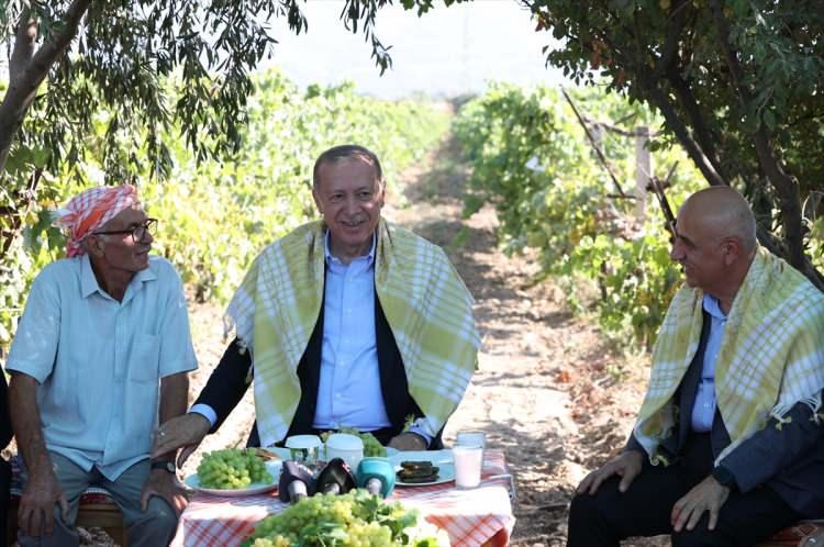 <p>Cumhurbaşkanı Recep Tayyip Erdoğan, bazı programlara katılmak üzere geldiği Manisa'da Şehzadeler ilçesinde üzüm bağı sahibi Hasan Fehmi Tekoğlu'nu ziyaret etti. </p>
