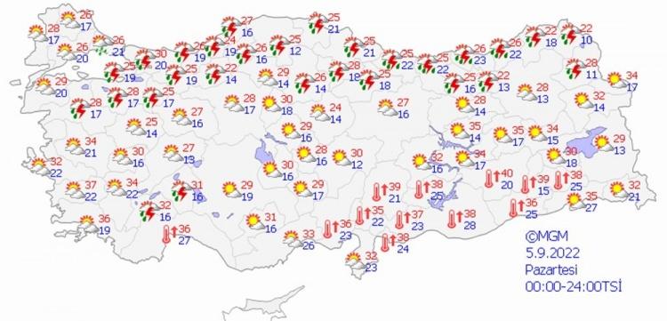 <p>9 Eylül'e (cuma) kadar mevsim normallerin altında devam edecek sıcaklıklar, yurdun kuzey ve iç kesimlerde mevsim normallerinin 5 ila 7 derece altında, Akdeniz ve Güneydoğu Anadolu’da mevsim normalleri civarında.</p>
