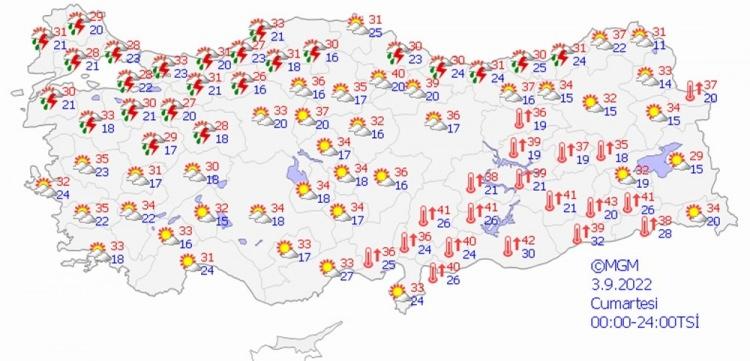 <p><strong>BUGÜN HAVA NASIL OLACAK?</strong></p>

<p> </p>

<p>Hava sıcaklıkların önemli bir değişiklik beklenmese de Meteoroloji'den bugüne dair iki uyarı var.</p>

<p> </p>

<p>Doğu Akdeniz’in Toroslar kesimi, İç Anadolu’nun doğusu ile Doğu Anadolu’nun batısında güney ve güneybatı yönlerden kuvvetli rüzgar bekleniyor.</p>

<p> </p>

<p>Marmara ve Karadeniz'de  yerel olmak üzere sağanak ve gök gürültülü sağanak yağışlı geçeceği tahmin ediliyor.</p>
