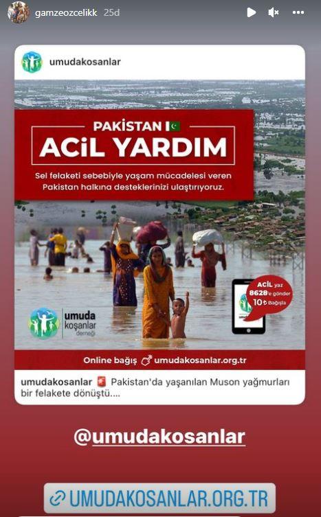 <p><span style="color:#000000"><strong>Yetkililer milyonlarca kişinin yerlerinden olduğunu, 33 milyon insanın sellerden etkilendiğini söylediği  Pakistan için Özçelik </strong></span><span style="color:#B22222"><strong>"Pakistan acil yardım"</strong></span><span style="color:#000000"><strong> notuyla paylaştı. Notunun devamında ise, </strong></span><span style="color:#B22222"><strong>"Sel felaketi sebebiyle yaşam mücadelesi veren Pakistan halkına desteklerinizi ulaştırıyor."</strong></span><span style="color:#000000"><strong> dedi</strong></span></p>
