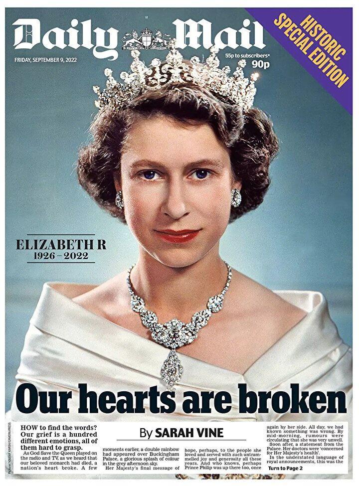 <p>Daily Mail gazetesi manşetinde Kraliçe'nin 1952'den, Prenses Elizabeth olduğu dönemden bir portresini kullandı ve "Kalplerimiz kırıldı" dedi. Gazetenin köşe yazarı Sarah Vine "Duygularımızı ifade edecek kelimeleri nasıl bulabiliriz ki?" diye sordu ve ekledi: "Yasımızın yüz farklı duyguyu içeriyor ve bunları kavrayabilmek çok zor."</p>

<p> </p>

