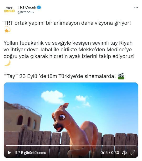 <p><span style="color:#800000"><strong>"HİCRETİN AYAK İZLERİNİ TAKİP EDİYORUZ"</strong></span></p>

<p><span style="color:#4B0082"><strong>TRT, &ccedil;ocukların yanı sıra aileler i&ccedil;in de ders niteliğinde olan yeni projesi 'Tay' filmini sosyal medya hesabından şu şekilde duyurdu:</strong></span></p>

<p><span style="color:#800080"><strong>"TRT ortak yapımı bir animasyon daha vizyona giriyor!</strong></span></p>

<p><span style="color:#800080"><strong>Yolları fedak&acirc;rlık ve sevgiyle kesişen sevimli tay Riyah ve ihtiyar deve Jabal ile birlikte Mekke&rsquo;den Medine&rsquo;ye doğru yola &ccedil;ıkarak hicretin ayak izlerini takip ediyoruz!"</strong></span></p>
