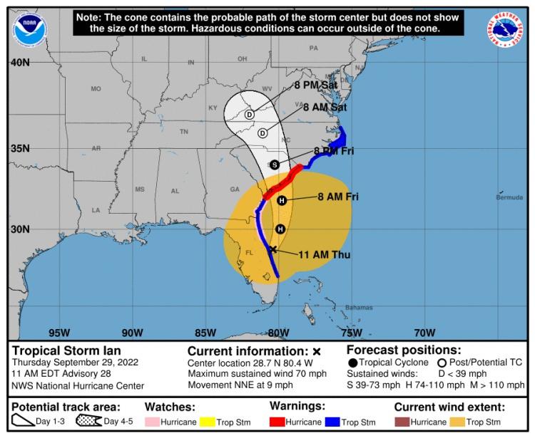<p>Ulusal Kasırga Merkezi, Florida`nın kuzeydoğusuna ve komşu eyaletlere doğru hareket eden Ian`ın, daha fazla hasara sebep olabileceği ve sağanak yağışların oluşturacağı sel baskınlarının hayati tehlike oluşturabileceği konusunda uyarıda bulundu.</p>