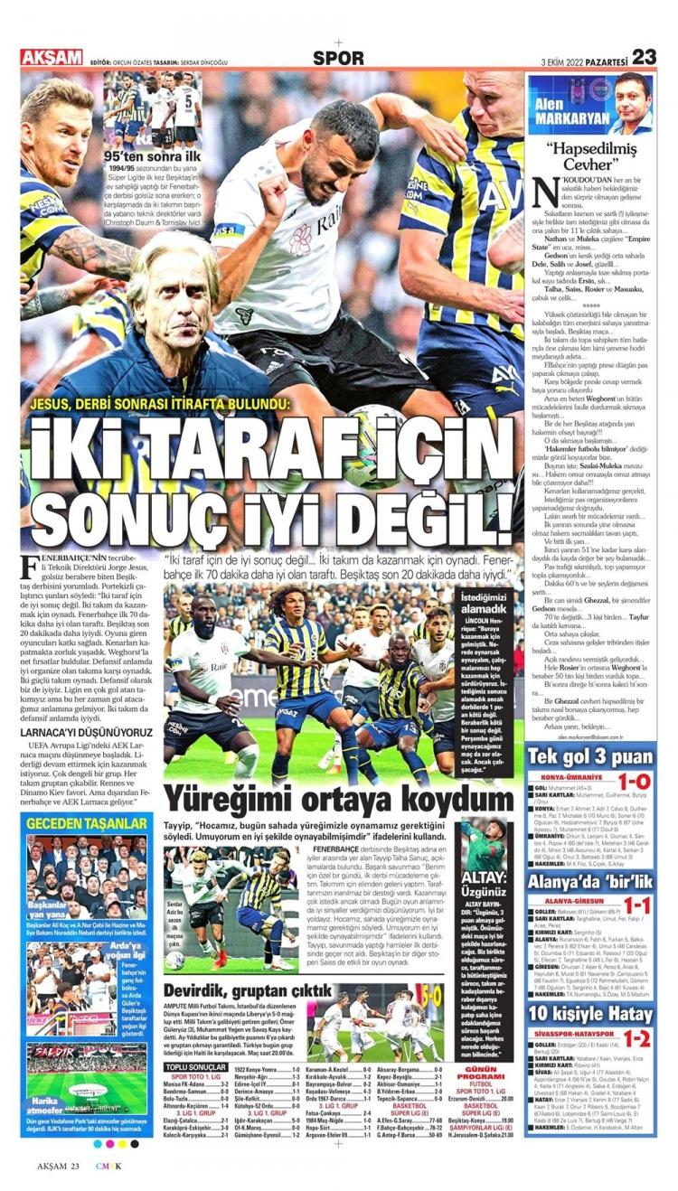 <p>Süper Lig'İn 8. haftasında oynanan Beşiktaş-Fenerbahçe derbisi 0-0 sona erdi. Derbinin yankıları spor gazetelerinde manşetleri süsledi.</p>
