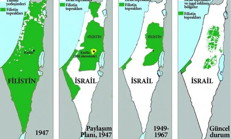<p><span style="color:#000000"><strong>FİLİSTİN'İN 1947 VE SONRASINI KARŞILAŞTIRAN HARİTA</strong></span></p>

<p><span style="color:#008080"><strong>İlk olarak&nbsp;1897'de Birinci Siyonizm Kongresi'yle Filistin topraklarında bir devlet kurulma isteği beyan edildi.</strong></span></p>

<p><span style="color:#008080"><strong>1917'de Filistin, Osmanlı idaresindeyken, İngiltere'nin desteklediği Arap g&uuml;&ccedil;leri t&uuml;m dengeyi bozdu. 1918 yılında İngiltere b&ouml;lgeyi işgal etti.</strong></span></p>

<p><span style="color:#008080"><strong>1929-1936 yılları arasında İngiltere mandası altındaki Filistin'e Siyonist projesi kapsamında y&uuml;zlerce Yahudi g&ouml;&ccedil; etti. Arap toplulukları, İngiltere'nin tutmadığı bağımsızlık s&ouml;z&uuml; &uuml;zerine &ouml;fkelenerek isyan etti.</strong></span></p>

<p><span style="color:#008080"><strong>1947 yılında Yahudiler, Birleşmiş Milletler'in toprakları paylaşım teklifini kabul ederken Arap Y&uuml;ksek Komitesi bunu reddetti.</strong></span></p>

<p><span style="color:#008080"><strong>Ancak 1948 yılında hedeflenen yerleşim yapıldı. Bundan sonrası kan ve h&uuml;sran getirdi.&nbsp;</strong></span><strong><a href="https://www.yasemin.com/" target="_blank"><span style="color:rgb(255, 255, 255)">Yasemin.com</span></a></strong></p>
