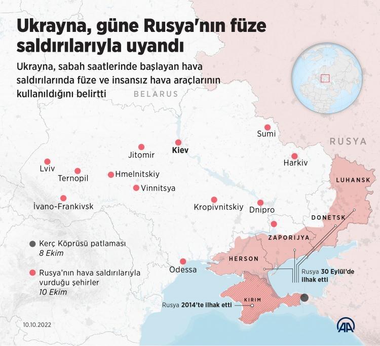 <p>Rusya saldırıya cevap olarak 5 gün önce Ukrayna’ya ait elektrik, su, doğalgaz, iletişim, karayolu, raylı ulaşım sistemleri ve birçok altyapıyı 200’den fazla füzeyle vurdu.</p>
